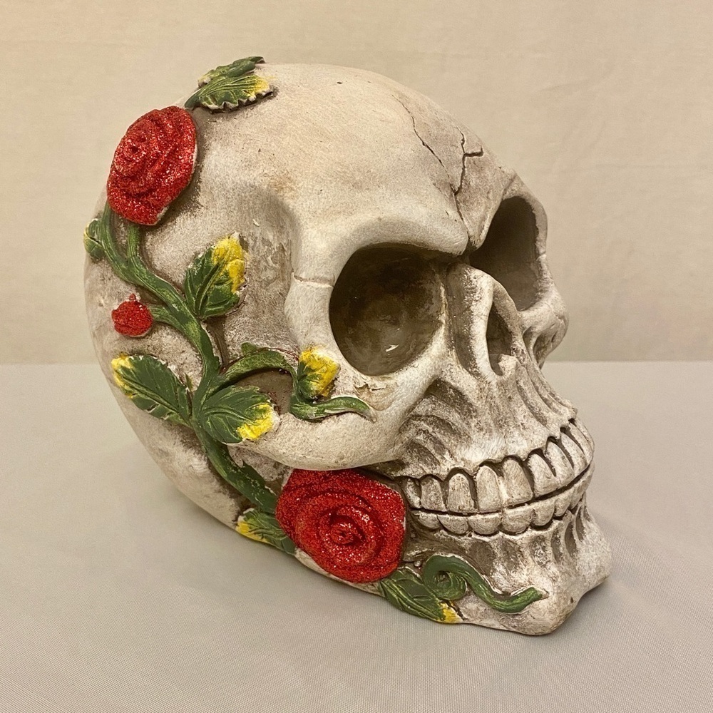 Skull With Roses Figurine Day Of The Dead Sugar Skull Glitter Flowers Decor - Picture 3 of 11